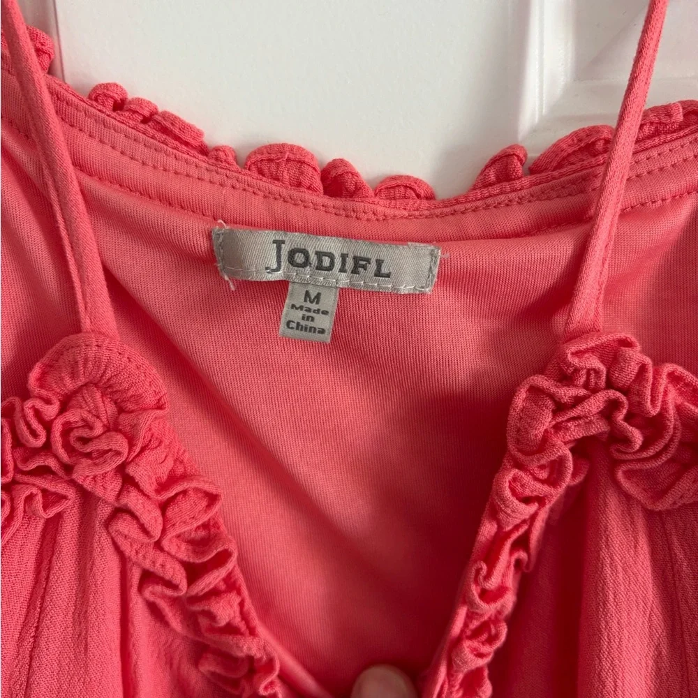 CLOSEOUT! JODIFL coral tight ruffle midi dress with adjustable straps. - Picture 3 of 3